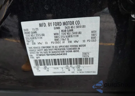 2022 Ford Explorer z USA, uszkodzony, nr VIN 1FMSK7BH0NGA04302